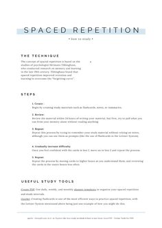 a white and blue resume with the words spaced repeptition on it's side