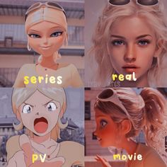 four different avatars with the words series real, p v movie written on them