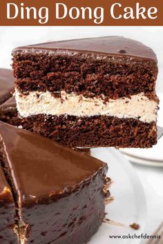 a piece of cake with chocolate frosting on top