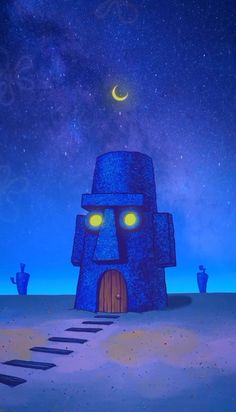 a cartoon character standing in front of a blue building with yellow eyes and glowing eyes