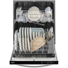 an open dishwasher with dishes in it