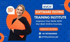 a woman holding an orange piece of paper with the words software testing training institute improve your skills