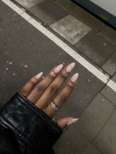 gel nails, acrylics, pearls, almond shape, jesus, ring, gold, silver, natural nails Natural Nail Shape Acrylics, Almond Natural Gel Nails, Almond Shape Natural Nails, Nails Inspo For Black Women, Almond Gel X Nails Ideas, Almond Natural Acrylic Nails, Autumn Nails Black Women, Pearl Almond Acrylic Nails, Pearl Nails Brown Skin