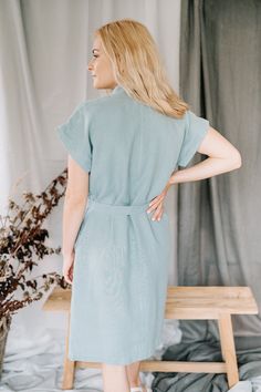 "MsWrinkle's clothing - from human to human. 100% handmade. *Description* - Loose fit shirt dress with short sleeves, buttons, pockets and belt; - High quality European linen; - Washed and softened (doesn't shrink anymore); - Medium weight linen (170 g/m2); - Our linen is OEKO-TEX certified that meets human ecological safety requirements; - Not transparent; - Not ironed and we suggest to use tumble dryer to keep soft and naturally wrinkled look. *Sizes* For perfect fit please send us your bust a Knee-length Linen Shirt Dress With Buttons, Button-up Linen Shirt Dress With Pockets, Relaxed Fit Linen Button-up Shirt Dress, Long Linen Shirt, Knee-length Linen Shirt Dress With Button Closure, Kimono Sleeve Dress, Medium Wash Cotton Button-up Shirt Dress, Loose Fit Shirts, Summer Linen Dresses