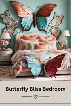 Butterfly wall art creates an enchanting atmosphere in this cozy bedroom. The metal butterfly wall art features an assortment of butterflies, each with vibrant and uniquely colored wings, that appear to be fluttering joyously on the wall. The stunning array of colors is echoed in the floral bedding and warm accents throughout the room. This blissful bedroom, with its magical butterfly-themed decor, is perfect for anyone seeking to create a heartwarming and whimsical sanctuary Magical Butterfly, Hoodie Art, Butterfly Bedding Set, Spring Butterfly, Butterfly Artwork