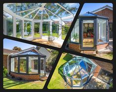 four different views of the inside of a house with glass walls and doors on both sides