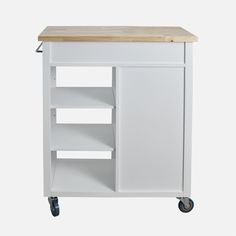 a white kitchen cart with wooden top and shelves on casteors to the right side