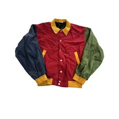 Brand New In Perfect Condition. H1 0724 Product Details Collared Neckline Button Front Closure Pockets Long Sleeves Elastic Cuffs And Hem Lined Size: M 1980s Mens Fashion, 1980s Jacket, Color Block Jacket, Red Blue Green, Corduroy Jacket, Mens Streetwear, Yellow Color, Men Fashion, Green Yellow