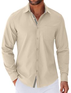 PRICES MAY VARY. Premium Fabric: The men's long sleeve shirts are crafted from soft and breathable fabric, offering a comfortable wearing experience throughout the day Timeless Design: Elevate your style with our button-down shirt; it features a turn down collar, chest pocket, long sleeve and button closure; And the contrasting stripes on the placket and collar add a touch of laid-back sophistication Clothing Match: This untucked shirt for men pairs effortlessly with jeans, chinos, a jacket for Solid Long Sleeve Dress Shirt With Pockets, Beige Long Sleeve Shirt For Business Casual, Men's Business Casual Style, Men's Casual Style, Casual Work Outfit, Fitted Dress Shirts, Shirt Dress Casual, Fit Dress, Long Sleeve Shirt Dress