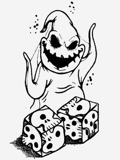 a black and white drawing of a cartoon character with dices