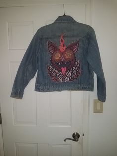 Denim Jacket With a picture of a fun bat sewn to the back. With a pack of howling bone wolves this jacket is great for a breezy night out in the spring or in the summer, but can definitely be worn in the colder months with a warm sweater underneath for a cozy look! -If there is a size or style that is not listed here please send a message and I will try to help you find what you're looking for. - REFUND - I accept returns if they do not fit. You can get a Refund of the item (excluding shipping c Alternative Cotton Outerwear For Spring, Alternative Halloween Outerwear With Graphic Print, Casual Denim Jacket For Winter Festival, Casual Cotton Denim Jacket For Alternative Fashion, Casual Winter Festival Denim Jacket, Alternative Halloween Graphic Print Outerwear, Fall Festival Outerwear With Graphic Print, Graphic Print Long Sleeve Outerwear For Festival, Graphic Print Outerwear For Fall Festival