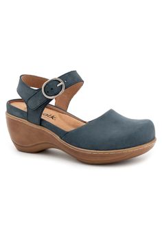 Mabelle is a cute ankle style wedged sandal with an adjustable buckle for an easy fit. The removeable cushioned footbed allows a fit for everyday use.Leather Upper2mm latex LiningRubber OutsoleBrush Sueded Microfiber Footbed2 1/4" Heel heightDressy Mule available in sizes N 7-11 M 5-11, 12 W 6-11, 12 WW 6-11, 12 | Women's Mabelle Dressy Mule by SoftWalk in Smoke Nubuck (Size 12 M) Leather Shops, Slides Shoes, Clogs Shoes, Womens Clogs, Nubuck Leather, Wedge Sandal, Chunky Heel, Arch Support, Chunky Heels