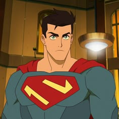 the animated superman is standing in front of a light