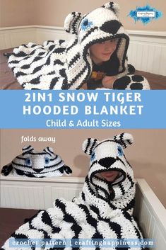 a crochet pattern for a baby's hooded and adult sized zebra hat