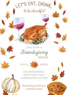 a thanksgiving dinner flyer with watercolors and pumpkins on the side, including an image of a turkey