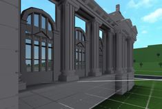 an animated image of a building with columns and windows on the outside, in front of a green landscape