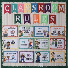 classroom rules displayed on a bulletin board with colorful flags and cartoon characters in the background