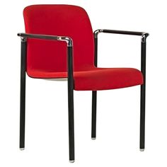 a red chair with black frame and arms