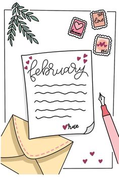 a paper with the word february written on it next to some stamps and a pencil