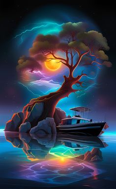 a boat floating on top of a body of water under a tree