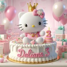 a hello kitty birthday cake with balloons in the background