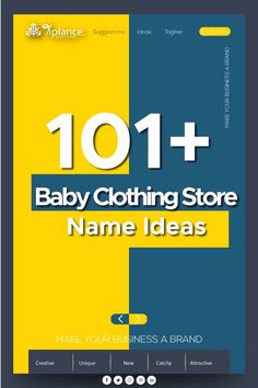 the front cover of 101 baby clothing store name ideas for your business or brand, with an image of a yellow and blue background