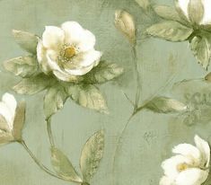 a painting of white flowers on a green background