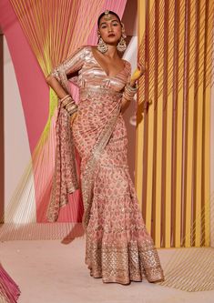 Gopi Vaid-Nusrat Pink Sari And Blouse-INDIASPOPUP.COM Frill Saree, Pink Sari, Gopi Vaid, Saree Georgette, Easy Wrap, Floral Saree, Ruffle Saree, Gota Work, Padded Blouse