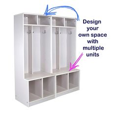 a white locker with multiple compartments and arrows pointing to the space where it is located