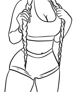 a cartoon girl with braids on her head and arms, in black and white