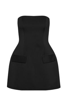 Chic Cocktail Mini Dress With Built-in Bra, Black Dresses With Built-in Bra And Straight Neckline, Chic Mini Dresses With Side Pockets, Chic Mini Dress With Side Pockets, Black Strapless Dress With Straight Neckline, Fitted Mini Dress With Side Pockets, Chic Fitted Mini Dress With Side Pockets, Strapless Dresses For Workwear, Sleek Stretch Strapless Mini Dress