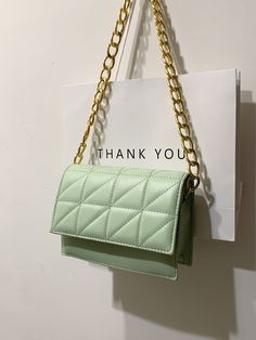 Green Fashionable Collar  PU Leather Quilted Square Bag Embellished   Women Bags Cute Bags And Purses, Shein Bags, Mint Green Purse, Small Purses And Handbags, Classy Purses, Green Bags, Green Accessories, Green Handbag, Green Purse