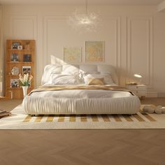 a white bed sitting on top of a wooden floor