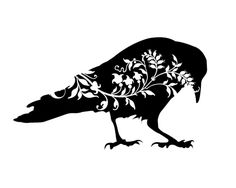 a black and white silhouette of a bird with flowers on it's body, standing in