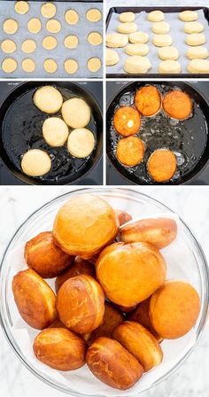 the process of making cookies in a pan with oil and baking them into doughnut holes