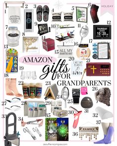 a poster with the words amazon gifts for grandparents on it and pictures of shoes, books, candles, jewelry, socks