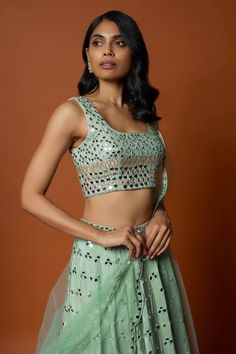 Sea green lehenga with an attached cancan and mirror and thread embroidery. Comes with a padded blouse and a dupatta. - Aza Fashions Sea Green Lehenga, Green Lehenga, Padded Blouse, Mirror Round, Embroidered Lehenga, Thread Embroidery, Sea Green, Embroidered Silk, Raw Silk