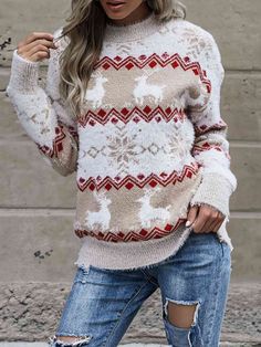 Fuzzy Fair Isle Snowflake Reindeer Knit Round Neck Holiday Minimalist Sweater Soft Reindeer Snowflake Fair Isle Geometric Knit Round Neck Sweater Top. This classy knit sweater offers functionality with a festive print thats not just for Christmas.Soft fuzzy knit that is a cozy upgrade.Features chic snowflakes and reindeer with a geometric fair isle stripe formation print that extends all the way around.Round neckline with long sleeves and bottom hem all have a ribbed trim.Perfect pullover for pa Geometric Knit, Round Neck Sweater, Comfortable Sweater, Sweater Fits, Round Neck Sweaters, Winter Sweaters, Christmas Women, Basic Style, Cozy Sweaters