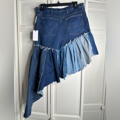 Perfect Condition Brand New With Tags And One Of A Kind! Spring High Waist Patchwork Skirt, Spring Patchwork Skirt, Denim Blue Cotton Ruffled Skirt, Blue Patchwork Skirt For Spring, Blue Long Denim Skirt With Frayed Hem, Spring Blue Patchwork Skirt, Long Blue Denim Skirt With Frayed Hem, Blue Tiered Ruffled Denim Skirt, High Waist Patchwork Blue Skirt