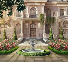 an artistic painting of a house with flowers in the front yard and stairs leading up to it