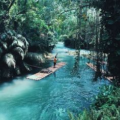 a man standing on a raft in the middle of a river surrounded by lush green trees