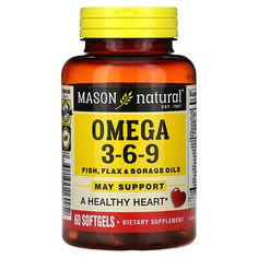 Est. 1967May Support A Healthy HeartDietary SupplementMason Guarantee - Laboratory TestedcGMP - Certified Good Manufacturing PracticeGlute FreeSodium FreeOur Omega-3-6-9 softgels contain a broad spectrum of premium oils from fish, flax, and borage that may support a healthy heart. It’s perfect for people who want to get all their omega fatty acids, including omega 3, omega 6, and omega 9, together in one easy supplement. Each one of these fatty acids offers its own unique set of benefits. For in Borage Oil, Healthy Heart, Omega 3 Fatty Acids, Flaxseed Oil, Linoleic Acid, Food Source, Fish Oil, Vitamins & Supplements, Heart Healthy