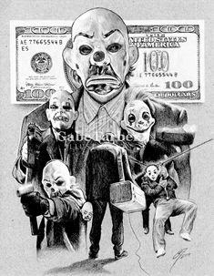 a drawing of a man with clown faces on his face and two children sitting in front of him