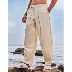 Season:Spring   Fall,Summer; Fabric:100% Cotton; Gender:Men's; Style:Fashion,Streetwear; Elasticity:Inelastic; Occasion:Holiday,Daily; Fit Type:Regular Fit; Function:Breathable,Comfort; Waistline:Mid Waist; Pattern:Solid Color; Design:Pocket,Pleats; Brand:OUKU; Pants Type:Trousers,Tapered Carrot Pants,Beach Pants,Summer Pants; Fly Type:Zipper,Button; Front page:FF; Listing Date:03/27/2024; Pants Length:Full Length