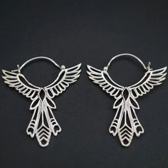 Sterling Silver Phoenix Feather Earrings - Thunderbird Statement Jewelry - Tribal Bird Jewelry Bohemian Silver Jewelry With Bird Design, Phoenix Earrings, Silver Bohemian Jewelry With Bird Design, Little Sculptures, Adjustable Silver Earrings With Feathers, Elegant Wing-shaped Metal Earrings, Adjustable Silver Feather Earrings, Silver Bohemian Feather Earrings, Bohemian Silver Feather Earrings