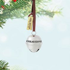 an ornament hanging from a christmas tree with the word polar express on it