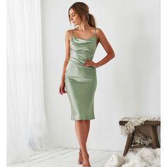 Cowl Neck Midi Satin Slip Dress -Adjustable Thin Spaghetti Strap -Lightweight Fabric -Non Stretch Fabric, Fits True To Size (Small) -Polyester Satin, Cold Hand Wash Only. Questions? Leave A Comment Below! Mid Satin Dress, Sage Green Midi Dress Formal, Sage Green Wedding Guest Dresses, Short Sage Green Bridesmaid Dresses, Sage Green Satin Dress Short, Safe Green Outfit, Satin Dresses Midi, Sage Wedding Guest Dress, Safe Green Bridesmaids Dresses