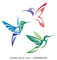 three hummingbirds flying in the air with their wings spread out and one bird has its beak