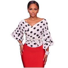 This polka dot chiffon wrap blouse featuring a plunging v-neck and petal sleeves is perfectly paired with skirts, jeans or pants. Made with a a polyester blend and comes in 2 fabulous color patterns. Polka Dots Blouse, Crisp White Blouse, Chiffon Blouses, Chiffon Wrap, Polka Dot Shirt, Neck Wrap, Polka Dot Blouse, Long Puff Sleeves, Floral Print Blouses