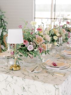 spring wedding reception green and beige tablescape inspo with rose and mixed greenery centerpieces Floral Wedding Tablecloth, Patterned Table Cloth Wedding, Wedding Patterned Tablecloth, Patterned Wedding Table Linens, Blue Floral Wedding Table Cloth, Colorful Table Lamp, Pink Tablescape, Cozy Wedding, Greenery Centerpiece